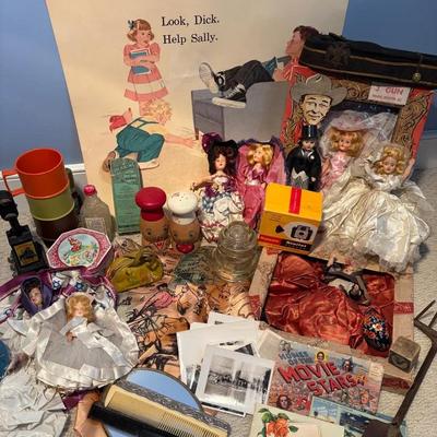 Assortment Of Vintage Collectibles-Dolls, Vanity Set, Postcards, Pictures