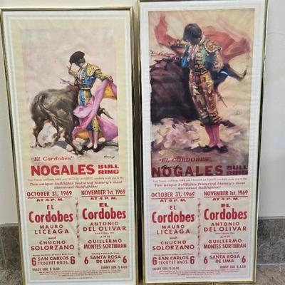 2 Mexican Bull Fighting Framed Posters 1969 Vintage 