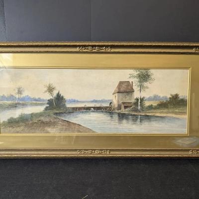 Antique Signed Watercolor...River Mill Scene