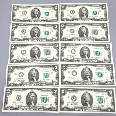 10 Consecutive Numbered $2, 2017A Fed Reserve Notes Uncirculated 
