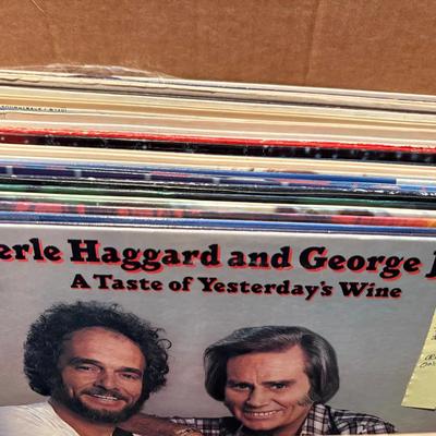 Box Of Vintage Country Music Albums-Conway Twitty, Mickey Gilley, Haggard, Dolly & More