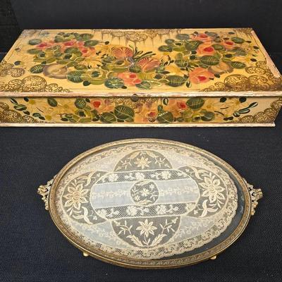 Antique Hand Painted Box & Vanity Lace Tray