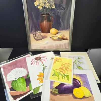 6 Signed Original Art Paintings: Lemons Oil, Floral Watercolors