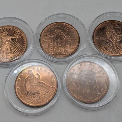 Five 1 Ounce .999 Copper Rounds 