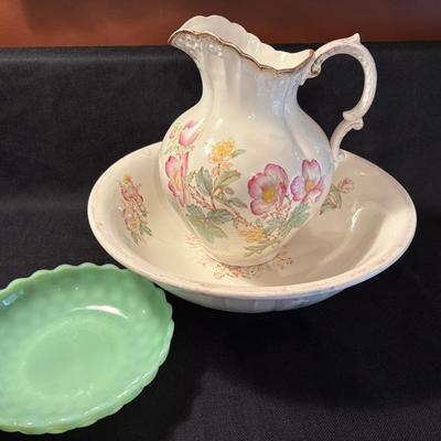 Victorian “Wild Rose” Pitcher & Wash Basin, Jadeite Bubble Bowl
