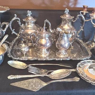 Collection Of Silver Plate Serving Items-Tea Set, Ice Bucket, Candelabra 