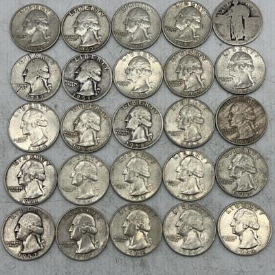 25 Silver Washington Quarters 