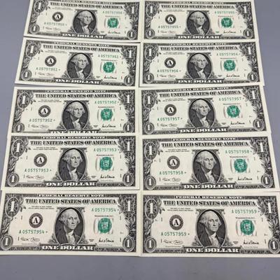 10 Consecutive Serial Number $1 Star Notes Uncirculated 2001