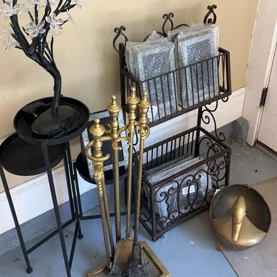 Metal & Brass Home Décor with Fireplace Tools and Newspaper Stand