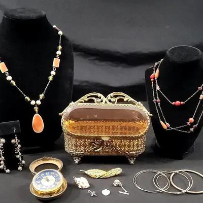 Travel Alarm Clock And Filigree Jewelry Box With Jewelry 