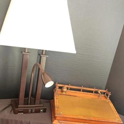 Italian Wood Writing Desk with Brass Surface & Inkwell, Plus Metal Lamp with Charging Station