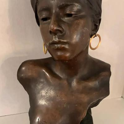 Emmanuel Villanis Bronze Bust of a Woman with Hoop Earrings – 21" H