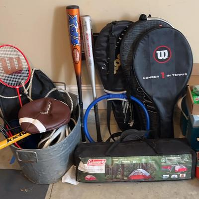 Sports & Camping Gear Collection Featuring Baseball Bats, Tennis Rackets, Coleman Tent & RTIC Cooler