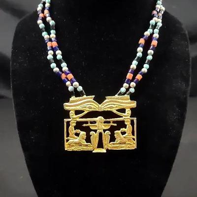 Kenneth Jay Lane Egyptian Revival Beaded Necklace with Gold-Tone Pendant, 20"