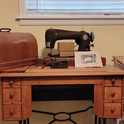 Antique Sewing Machine, Table & Sewing Lot