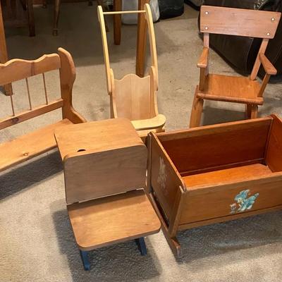 Vintage solid wood toys, cradle, child size: chair, desk, bench