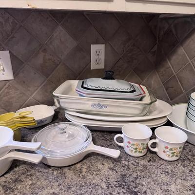 Corning Ware, Tupperware Measuring Cups, Corelle Cups And Bowls And Pyrex Pan
