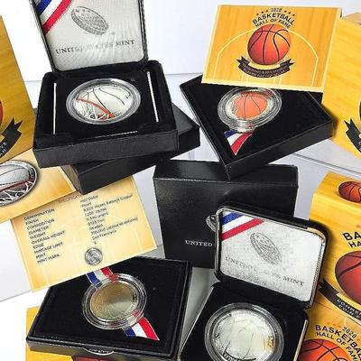 99.9% Silver Dollar Coins (2): 2020 Basketball Hall Of Fame; Plus Clad Half Dollar Coins (2)