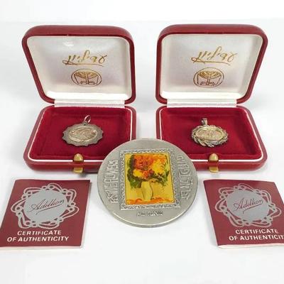 .999 Silver Israel Mané Katz Flowers Medal & 2 .935 Silver State Medals in Pendants