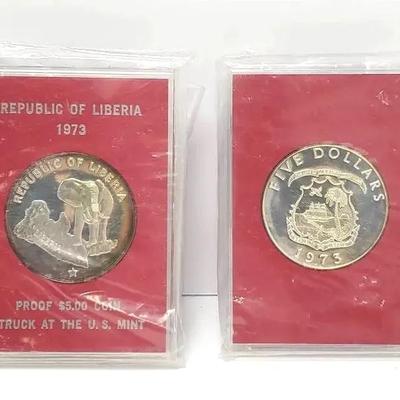90% Silver 1973 Republic Of Liberia Proof $5 Coins (2)