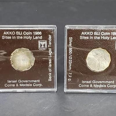 850 Silver 1986 AKKO Uncirculated 1/2 Sheqel Israeli Coins (2)