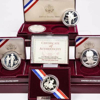 Atlanta Olympic Games Proof Coins: 90% Silver Dollars (4) & Clad Half Dollar (1)