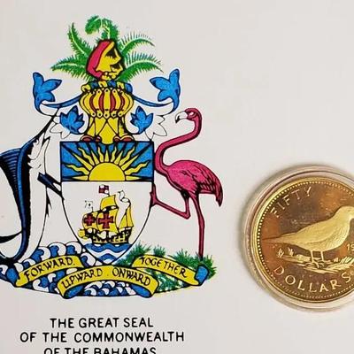 22KT Gold 1975 Bahamas $50 Coin, Mint Condition With COA