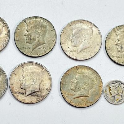 90% Silver (4) & 40% Silver (3) Kennedy Half Dollars, Plus Mercury Dime & 1904 Indian Head Penny