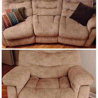 Beige Velour-style Sofa & Recliner With Pillows 