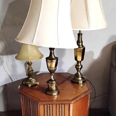 MCM Hexagonal Table & Three Brasstone Lamps 