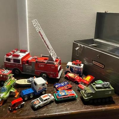 Large Toy Car Lot, Toolbox & Wood Toy Box