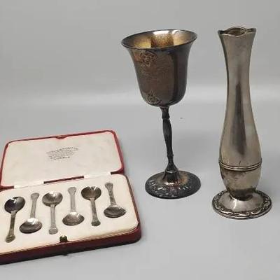 .500 Silver Spoons, Vase & Goblet 
