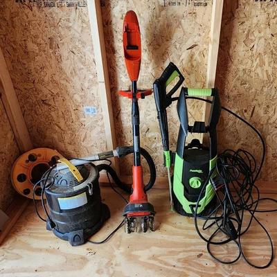 Electric Power Washer, Tiller And Rigid Shopvac w/ Power Cord Reel