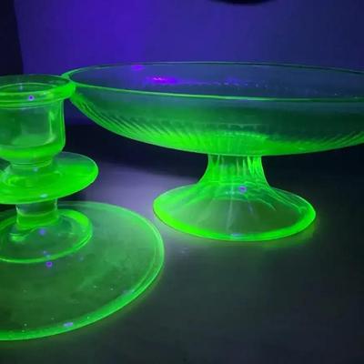 Vintage Vaseline Uranium Green Glass Compote Bowl & Candleholder