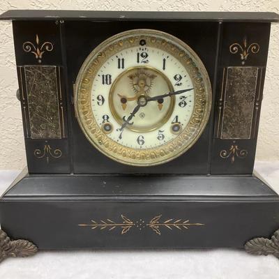 Antique Black Marble Mantle Clock with Lion Head Handles by the Ansonia Clock Co. 