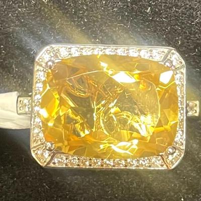 8.50 CT Cushion Citrine with White Zircon Rhodium Cocktail Ring, Size 6 