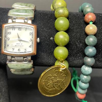 Jade of Yesteryear Watch, Green Jade Bead Bracelet with Coin Style Cracked Watch Face & More