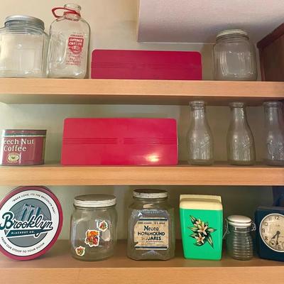 Necco Candies Jar, Quality Blue Ribbon Bottles, GE Clock & Vintage Kitchen Containers 