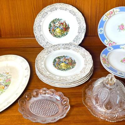 Indian Tree Century Bone China, U.S. Glass Loops & Drapes Butter Dish w/ Royal Queen Dishes