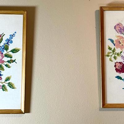 Vintage Handmade Cross Stitch Floral Bouquets Framed