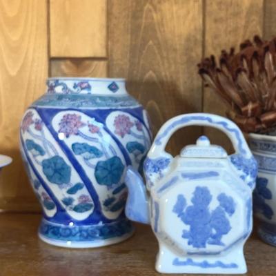 Antique Chinese Teapot, Blue & White Porcelain Planters