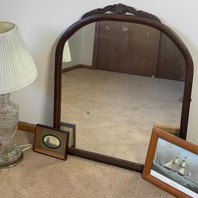 Antique Wood Carved Mirror with Vintage Cut Etched Lamp & Prints