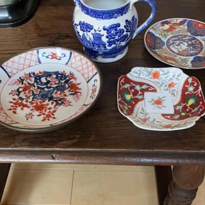 Antique Jacko Bean Style Side Table w/ Porcelain Plates and Pitcher