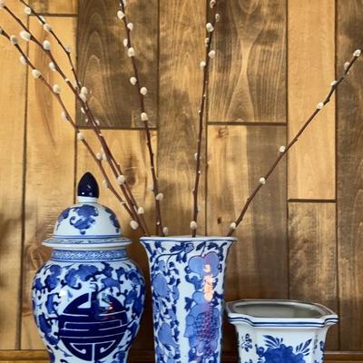 Chinese Ceramic Planter, Ginger Porcelain Jar, and Chinese Blue & White Vase