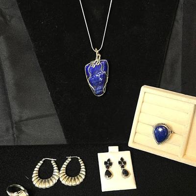 Lapis Lazuli 925 Sterling Silver with Sterling Rings & Earrings 