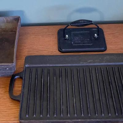 Delmonico’s Cast Iron Grill, Antique Bread Loaf Pan w/ Cast Iron Items 