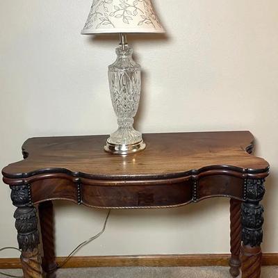 Antique Game Table w/ Vintage Glass Lamp
