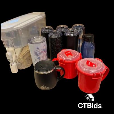 DS517 - Glassware Group, Stainless Steal Tumblers, Microwave Mugs, Pur Water Dispenser. 