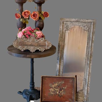 DS108 - Vintage Floral Decor Ensemble - Table, Mirror, Candlesticks, Wood Tray, Misc. Decor