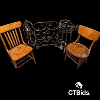 DS525 - Fireplace Screen, 2 Fireplace Tool Sets, 2 Mismatched Wooden Chairs 